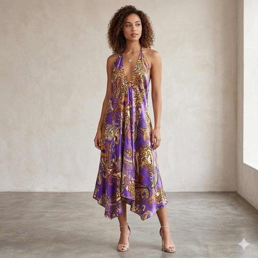 Vibrant Purple and Gold Halter Satin Midi Dress